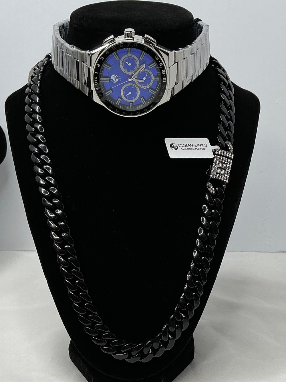 AJ VIP Silver Metal Chronograph design Watch with Blue Dial/14k G platednecklace